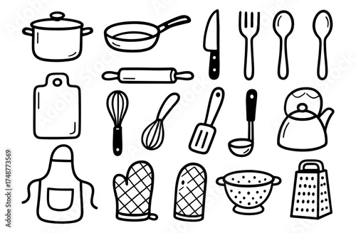 Kitchen utensils collection: simple black line drawings for cooking themes