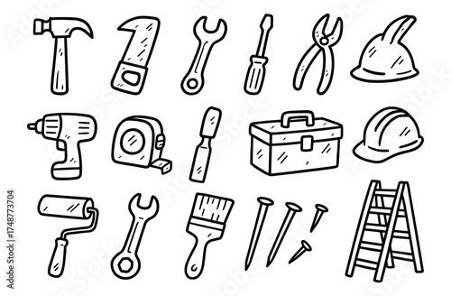 Hand drawn construction and repair tools set for diy projects