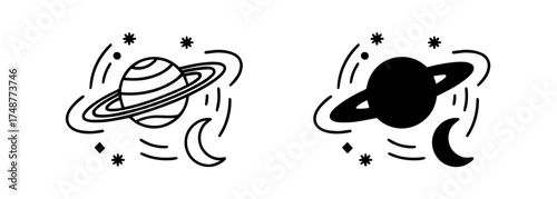 Twin Planet Illustrations with Rings, Stars and Moon in Black and White