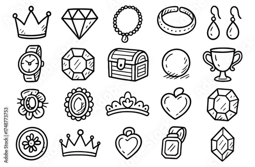 Hand drawn jewelry set with crowns, gems, and accessories in doodle style