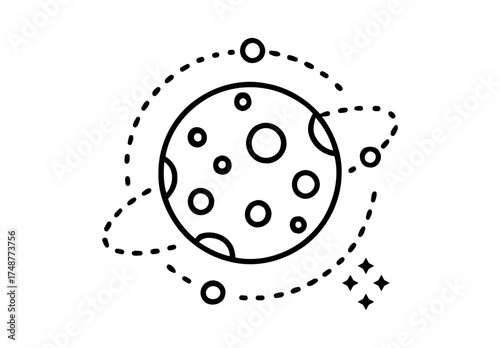 Simple Black and White Planet Icon with Satellites and Sparkling Stars