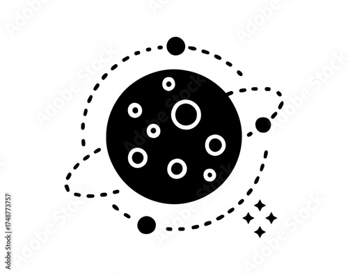 Planet with Craters Orbiting Satellites and Four Stars Graphic in Space