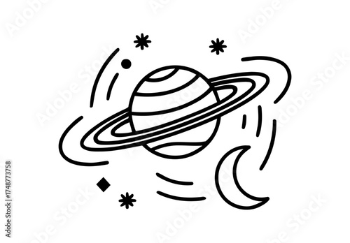 Stylized depiction of a ringed planet with stars and a crescent moon on white