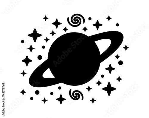 Celestial planet silhouette with cosmic spiral and star clusters isolated on white