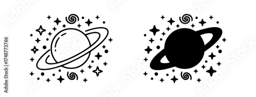 Illustration of Two Planets with Rings Surrounded by Stars and a Galaxy Swirl
