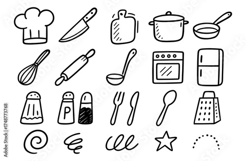 Hand-drawn kitchen utensils: whimsical cooking tools and appliances in doodle style