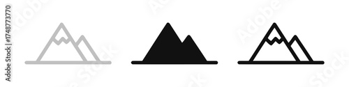 Three variations of mountain peak outline icons in gray and black, set against white background