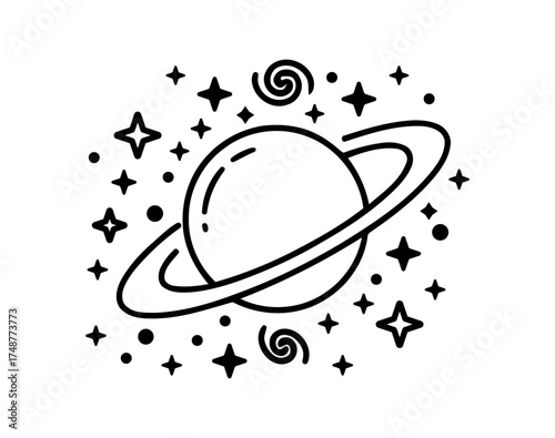 Stylized Ringed Planet Surrounded by Stars and Swirls in Black and White