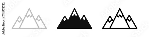 Three Mountain Range Icons in Solid and Outline Style on White Background