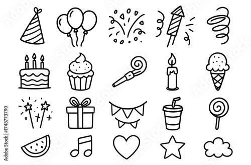 Festive doodle icons: celebration essentials in hand-drawn style