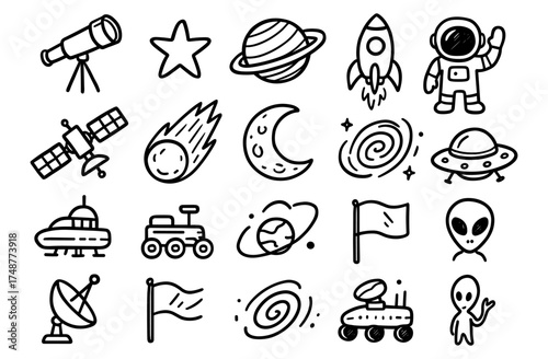 Space exploration doodles: icons of astronauts, rockets, and celestial bodies