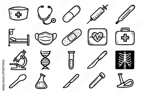 Healthcare icons set: medical tools and symbols in sketch style
