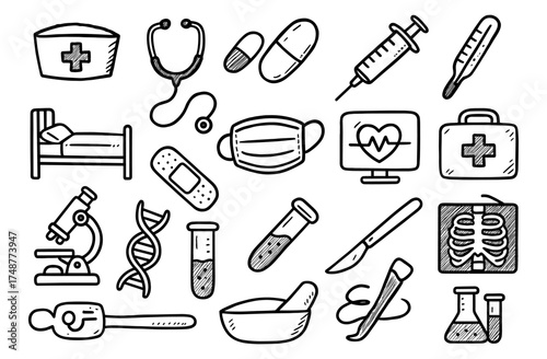 Hand drawn medical icons set featuring tools, equipment, and health symbols