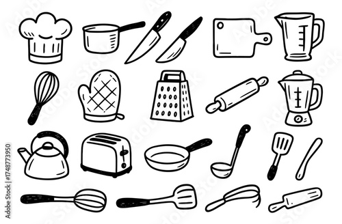 Hand drawn kitchen tools collection featuring knives, whisk, blender, and more
