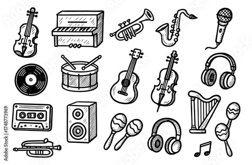 Hand drawn musical instrument collection: retro style sketches of guitars, drums, and more