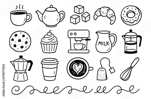 Hand drawn coffee and bakery icons: teapot, cups, sweets, and kitchen tools