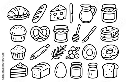 Hand drawn bakery and breakfast outline icons featuring bread, cheese, and pancakes