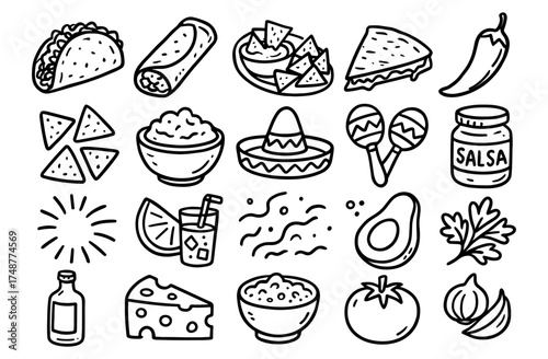Mexican food doodles: tacos, guacamole, salsa, and more in hand-drawn style
