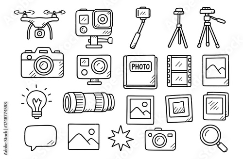 Hand-drawn photography and videography equipment icons collection
