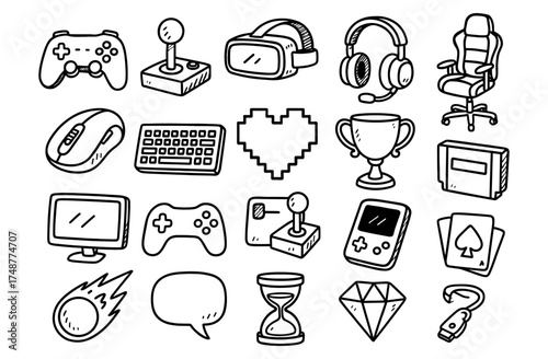 Hand-drawn gaming equipment and icons collection featuring consoles and accessories