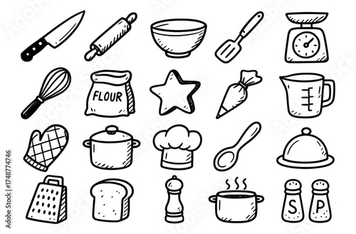Hand-drawn kitchen utensils and baking tools set in doodle style for culinary design