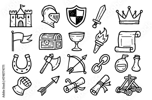 Medieval doodle icons: castle, crown, scroll, and more in hand drawn style
