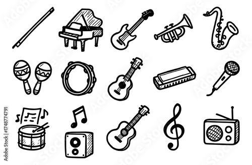 Hand drawn musical instruments set: guitar, piano, microphone, drum, and more