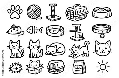 Hand-drawn cute cat icons set with toys and accessories