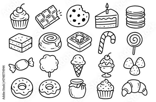 Hand-drawn dessert collection: cupcakes, chocolate, cookies, and more sweet treats