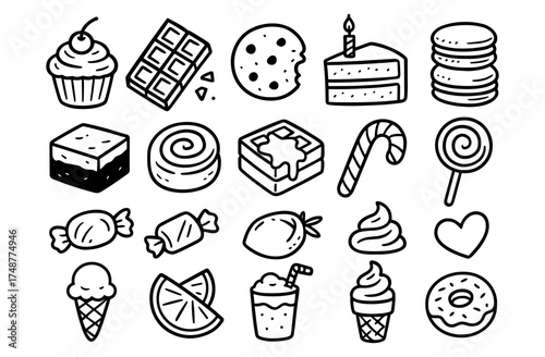 Hand drawn desserts collection: cakes, candy, and sweets in black and white