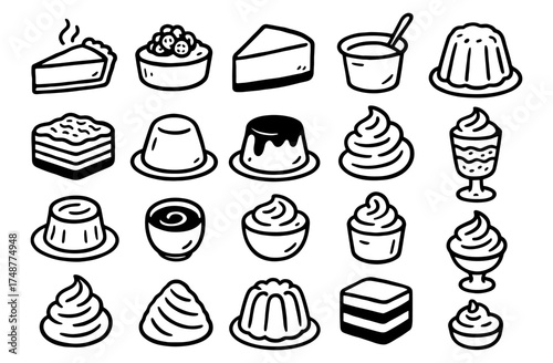 Hand-drawn dessert icons: pies, pudding, mousse, and more