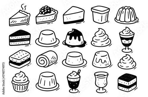 Hand drawn dessert collection: cakes, puddings, and sweet treats