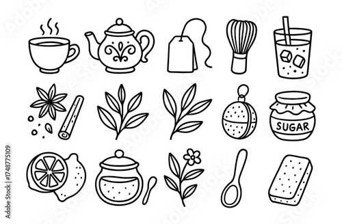 Charming tea time essentials in hand-drawn style for cozy vibes