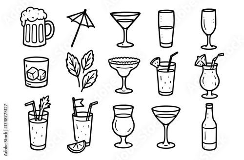 Hand drawn assorted cocktail and drink icons perfect for bar menus and party designs