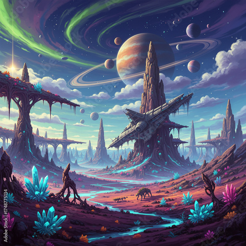 Surreal Alien World With Ringed Planet, Crystalline Plants, and Crashed Starship in Vibrant Canyon Landscape