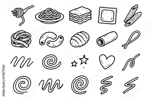 Hand drawn pasta doodles: spirals, noodles, ravioli, and more