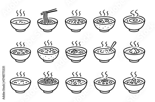 Assorted soup and noodle bowls in hand-drawn style with delicious toppings