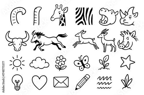 Stylized safari and nature elements in simple black and white outlines