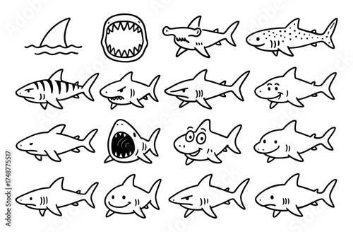 Playful shark doodles collection featuring various expressions and styles
