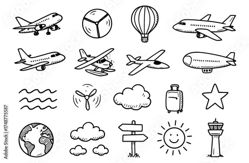 Black and white travel doodle set featuring airplanes and travel icons