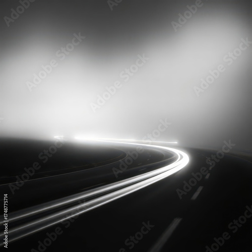 Winding road in dense fog with light trails