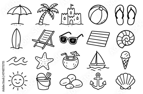Hand drawn beach icons set with tropical elements and summer vibes