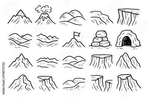 Hand-drawn mountain and landscape icon set featuring natural elements