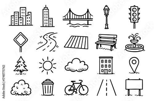 Hand drawn urban elements set featuring city icons and landmarks in doodle style