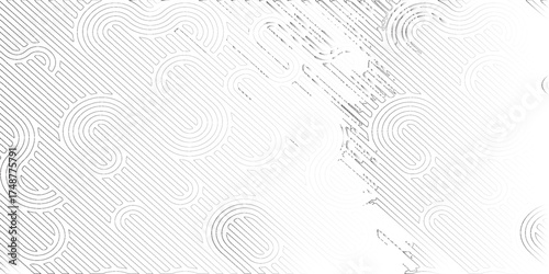 Abstract white background with a pattern of curved lines and circles, minimalist design.