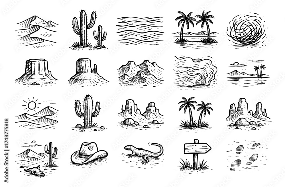 Fototapeta premium Hand-drawn desert elements with cacti, mountains, and wild west symbols