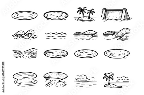 Hand-drawn coastal elements with palm trees, waves, and dams