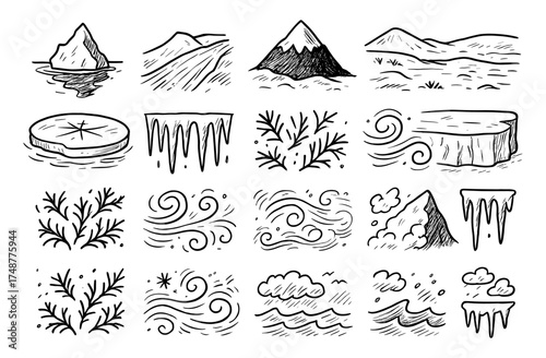 Hand drawn winter elements set: mountains, icebergs, snowflakes, and waves