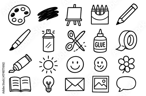 Doodle art supplies and creative elements in hand drawn style