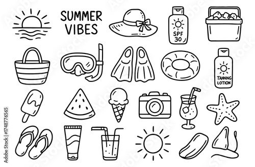 Summer essentials doodle collection: beach, sun, and fun vibes in hand drawn style